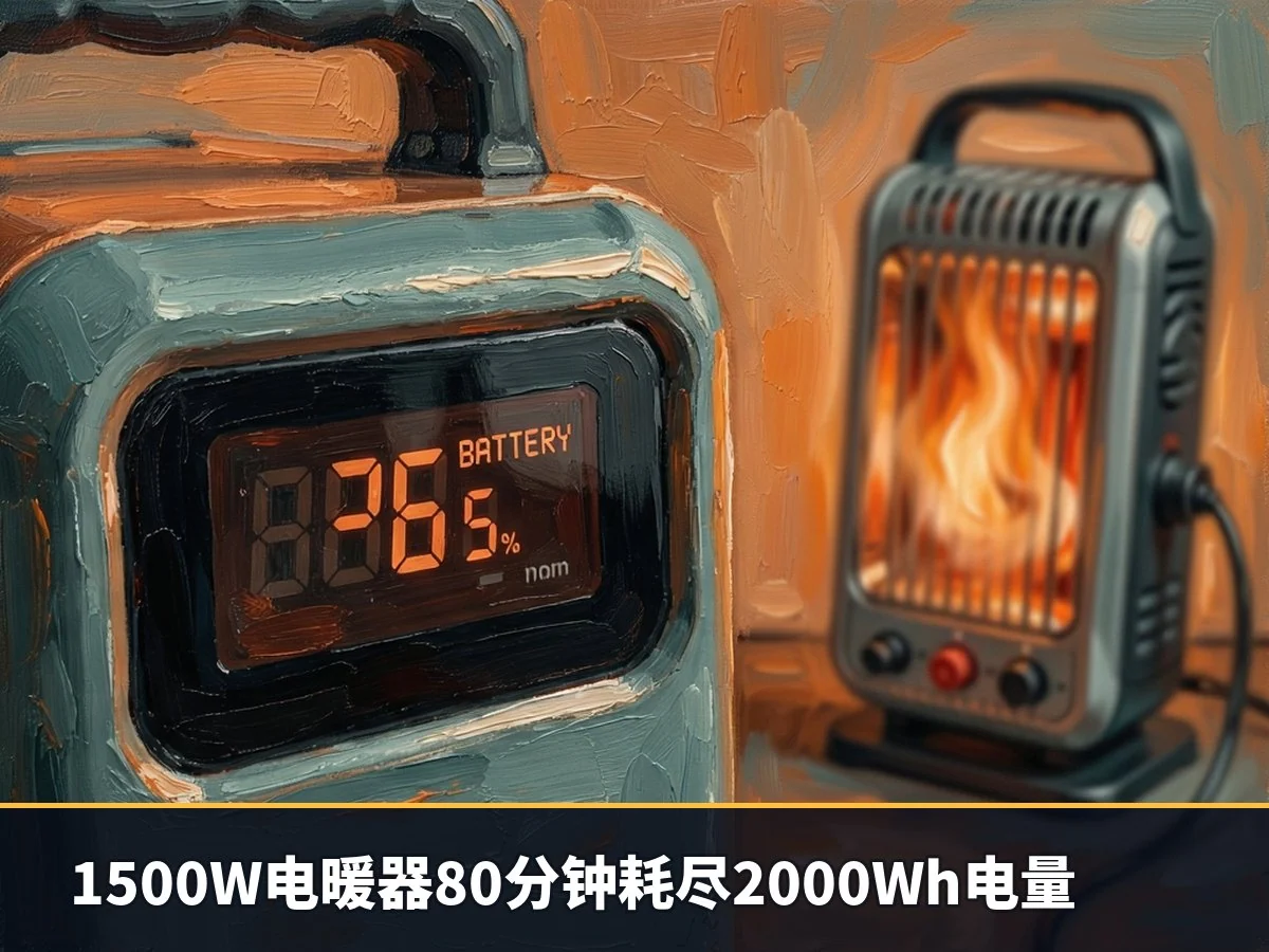 1500W电暖器80分钟耗尽2000Wh电量