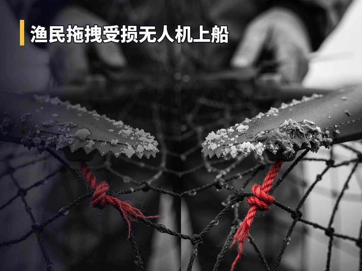 渔民拖拽受损无人机上船
