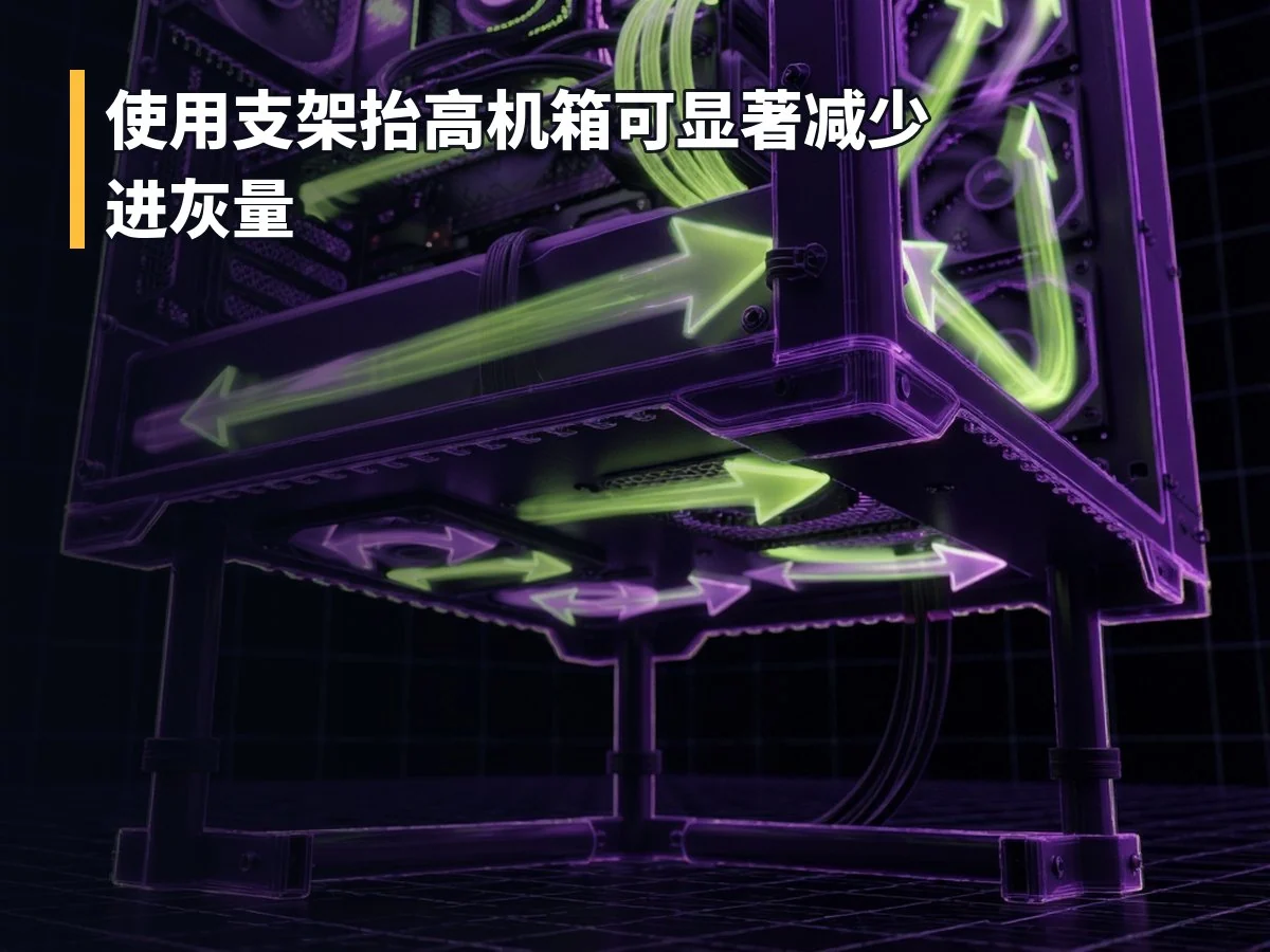 使用支架抬高机箱可显著减少进灰量