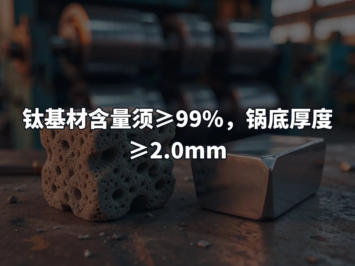 钛基材含量须≥99%,锅底厚度≥2.0mm