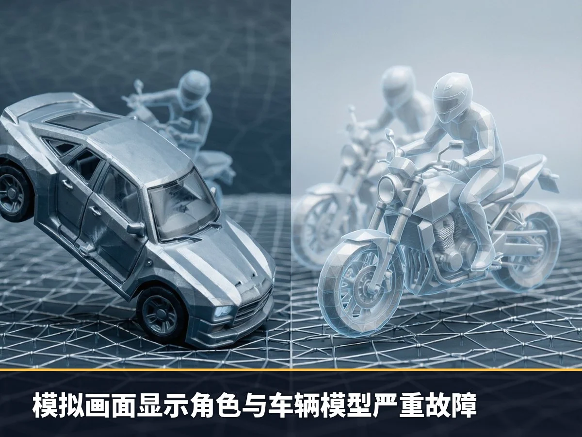 模拟画面显示角色与车辆模型严重故障