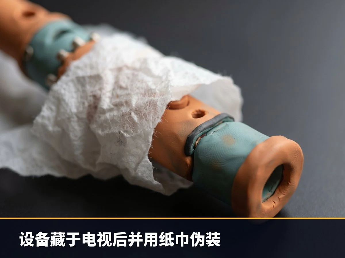 设备藏于电视后并用纸巾伪装