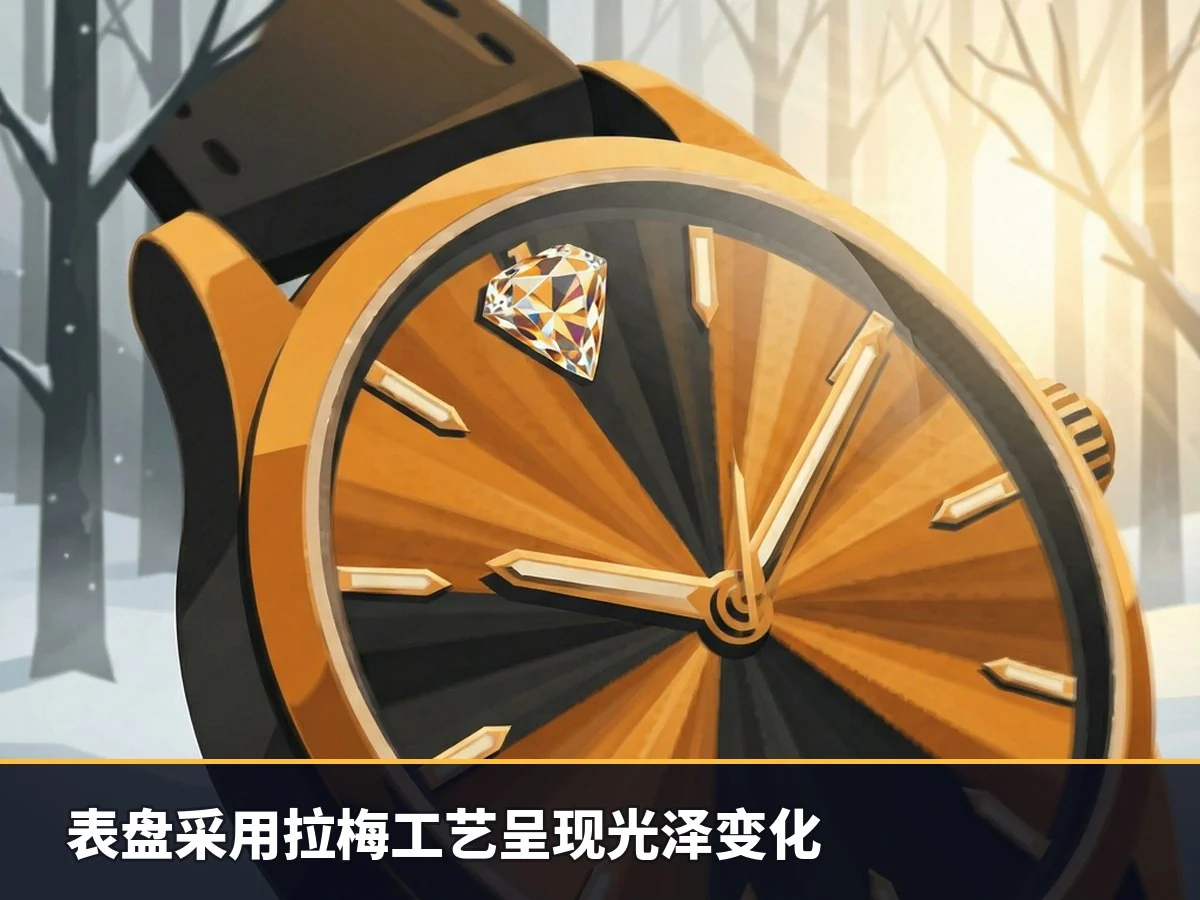 表盘采用拉梅工艺呈现光泽变化