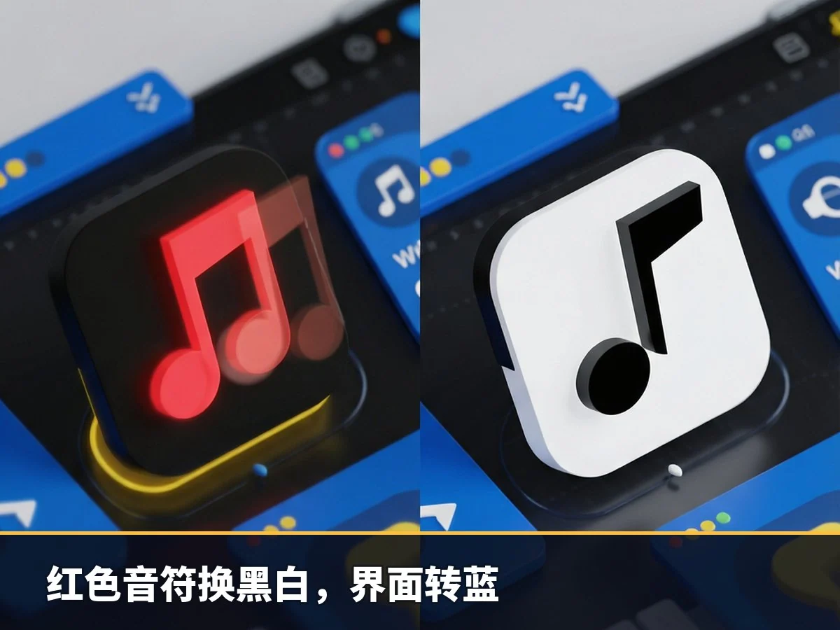 红色音符换黑白,界面转蓝