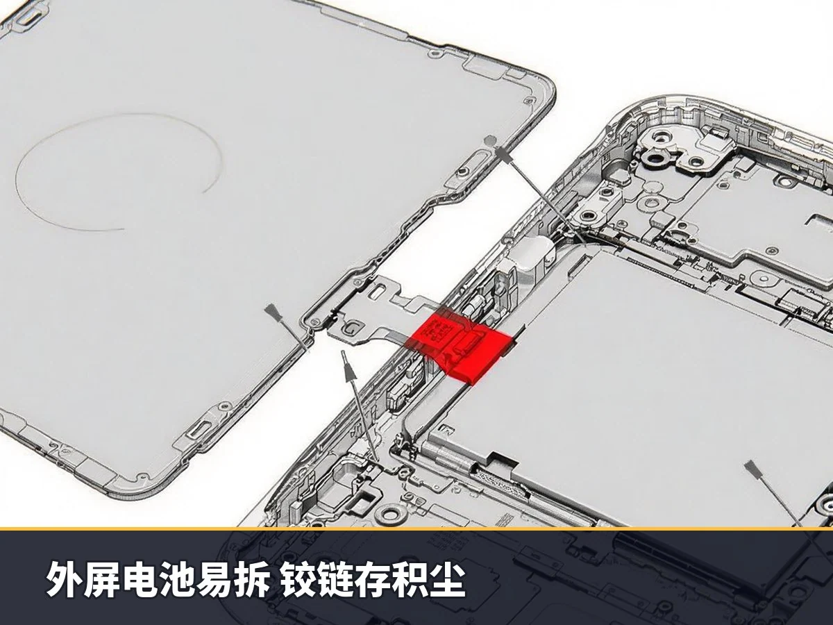 外屏电池易拆 铰链存积尘