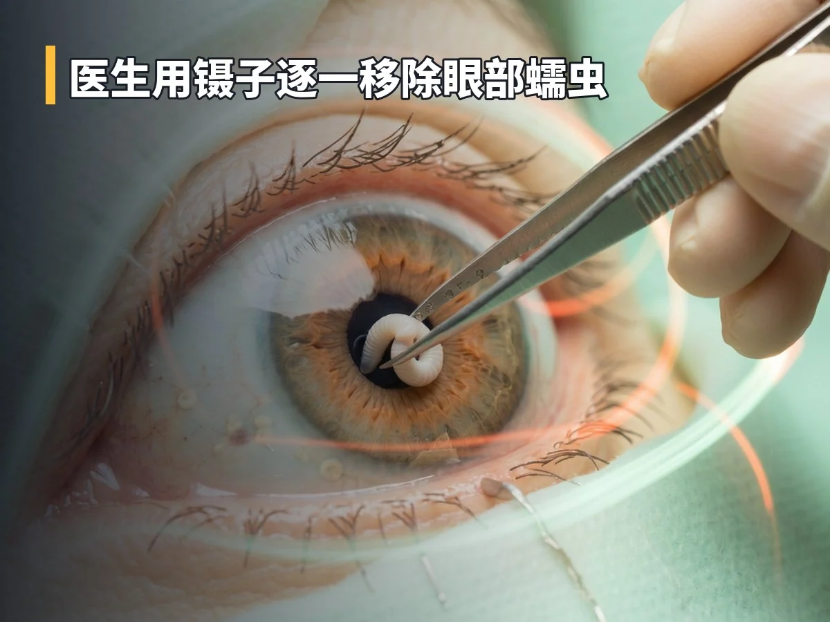 医生用镊子逐一移除眼部蠕虫