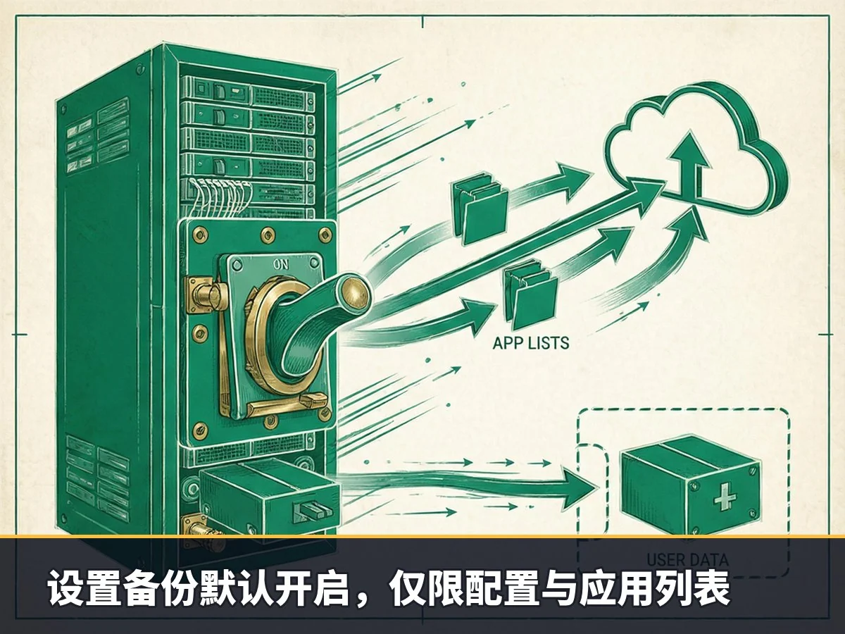 设置备份默认开启，仅限配置与应用列表