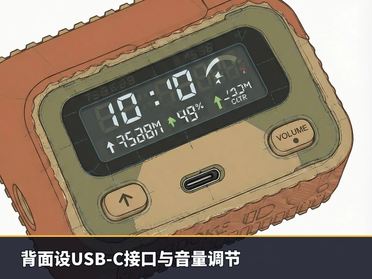 背面设USB-C接口与音量调节