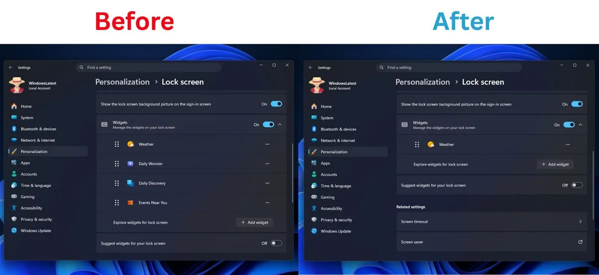 Windows 11 lock screen personalization settings before and after update